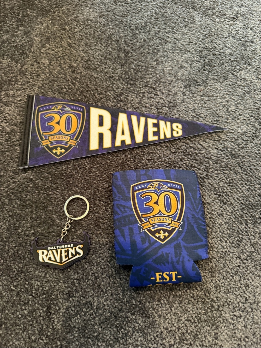 Baltimore Ravens 30th Season Flock Exclusive Pennant Koozie Keychain Bundle NEW